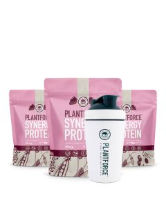 plantforce synergy protein bundle deal 3x 400g berry + rvs shaker