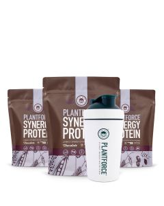 plantforce synergy protein bundle deal 3x 800g chocolate + rvs shaker